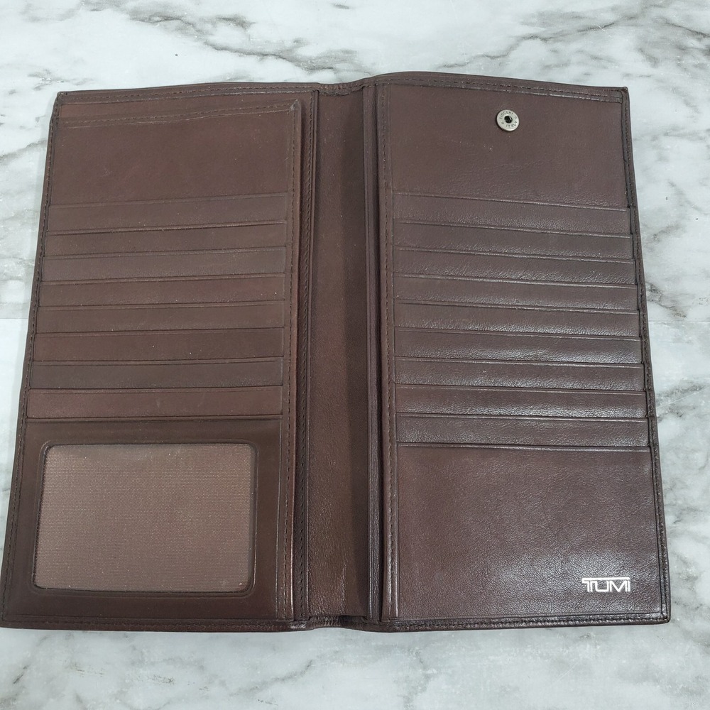 TUMI Brown Leather Long Bifold Wallet Organizer Multiple Card Slots & ID Window
